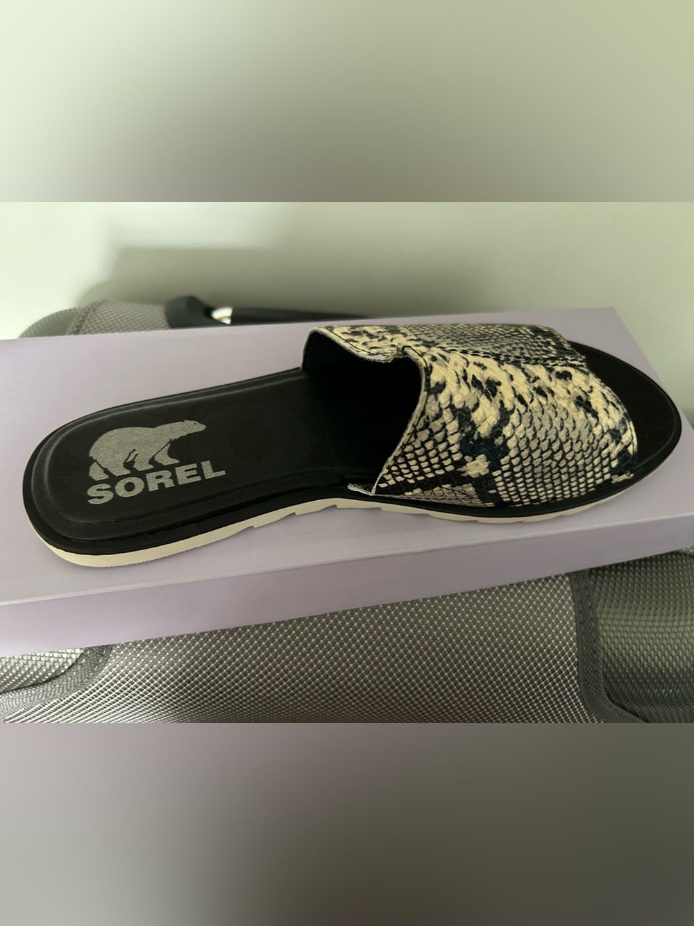 Sorel Black and Cream Snake-Print Slide Sandals